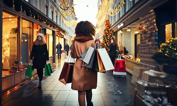 Femme noire aux cheveux cr&eacute;pus se promenant les bras pleins de paquets cadeaux et sacs de shopping dans une rue pi&eacute;tonne commer&ccedil;ante d&eacute;cor&eacute;e de sapins et guirlandes lumineuses dor&eacute;es pour No&euml;l