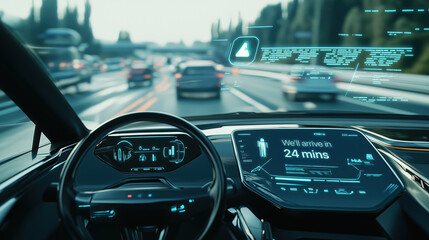 Self driving car with digital display showing arrival time on dashboard