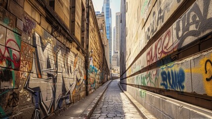 Fototapeta premium Graffiti Alley with Urban Skyline Background