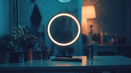 Obraz premium Modern ring light illuminating a sleek smartphone with a makeup influencer s tutorial taking place in the background