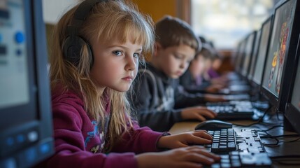 Bright Slovak Children Engaged in Computer Activities at School