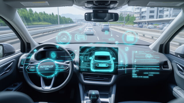 self driving car interior showcasing advanced autopilot technology on highway