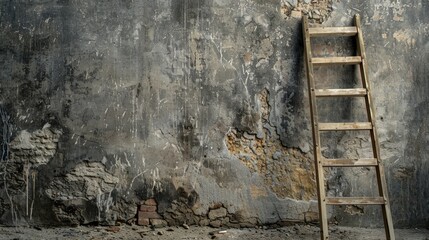 Naklejka premium Wooden Ladder Against Grungy Wall Background
