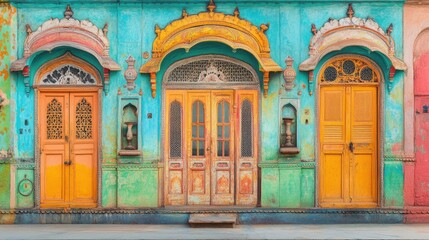 Obraz premium Colorful and lively traditional Indian Haveli facade, representing the beauty of Indian architectural heritage.