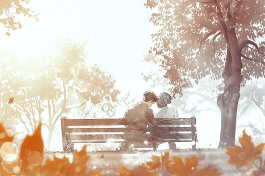 A Couple Sitting on a Park Bench, Leaning on Each Other, Back View &ndash; Soft Side Lighting Illuminates Them, While Autumn Leaves in the Foreground Evoke Seasonal Romance with Hand-Drawn Line Art
