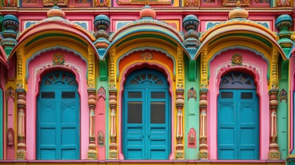 Fototapeta premium Colorful and ornate facade of a traditional Indian Haveli, showcasing the beauty of Indian architectural heritage.