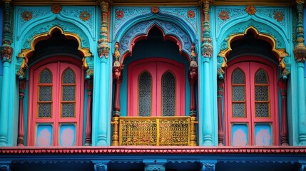 Obraz premium Colorful and ornate facade of a traditional Indian Haveli, showcasing the beauty of Indian architectural heritage.