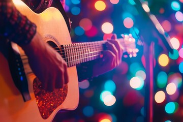 Obraz premium Guitar player performing with vibrant lights in the background.