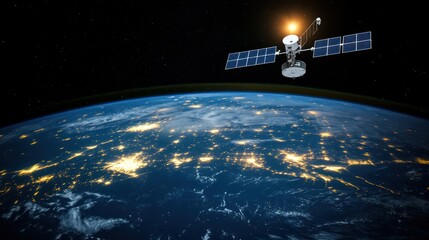A satellite orbits Earth, capturing illuminated cityscapes against a dark space backdrop.