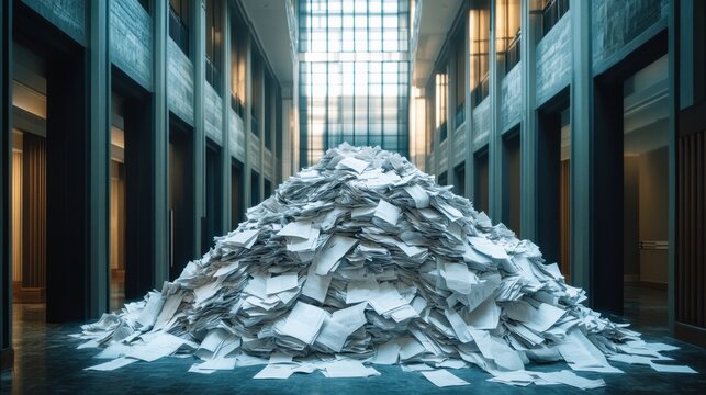 A large pile of paper sits in the middle of an office hallway. on the floor.