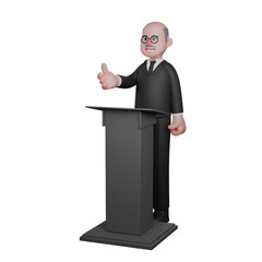 3D Legal Character. a judge stands at the podium with his right hand outstretched forward, as if explaining something. Male Judge Illustration
