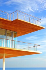 Fototapeta premium Modern architectural design featuring a cantilevered balcony overlooking the ocean.