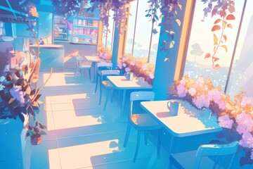 Obraz premium Cozy Café Terrace Adorned with Pastel Flowers, Perfect for Enjoying a Warm Drink, Cozy Vibe, Generative AI