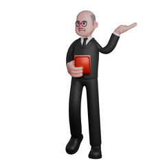 3D Model of Male Judge. A male judge is seen standing holding a red book in his right hand while his left palm is seen raised upwards. Professional Jurist