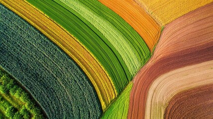 Top view of a colorful organic farm field, showcasing rich textures, natural colors, and intricate patterns in a rural landscape