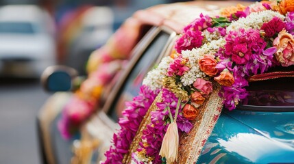 Decorated Indian wedding car with flowers and ribbons, symbolizing the start of a new journey for the bride and groom.
