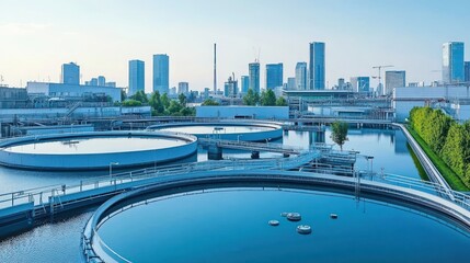 Naklejka premium A modern water treatment facility with circular tanks and a city skyline in the background.