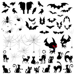 Big collection of silhouette of Halloween Animals and characters isolated, Hand drawn doodle collection, set of Halloween Cats, Bats, Birds, Spiders and dogs lonely