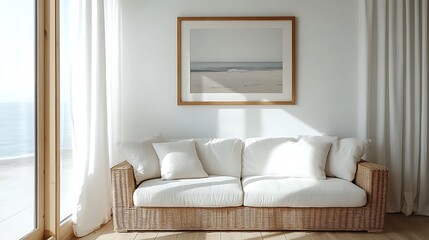 A bright and airy beach house interior with a framed coastal painting above a wicker couch, soft sunlight from large windows, ocean views in the background, white curtains,