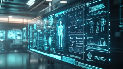Obraz premium Digital healthcare technology featuring electronic medical records displayed on a futuristic, glowing screen.