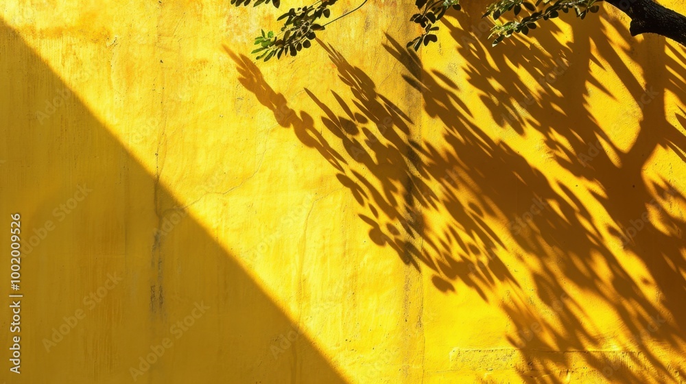 Poster Vibrant Yellow Wall with Branch Shadows