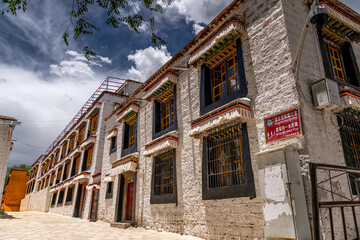 White walls and colorful windows of the Sera Monastery in Lhasa, Tibet.