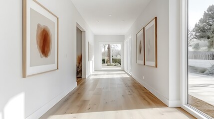 Obraz premium A bright, modern hallway with sleek floors, framed abstract paintings on the walls, natural light flooding in from large windows, clean lines, and minimalist decor for a serene and elegant feel.