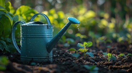 Fresh Watering Can in Lush Green Garden