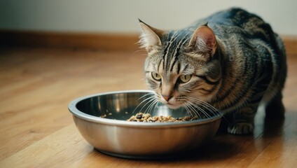 Tabby cat standing on hind legs eating from a silver bowl