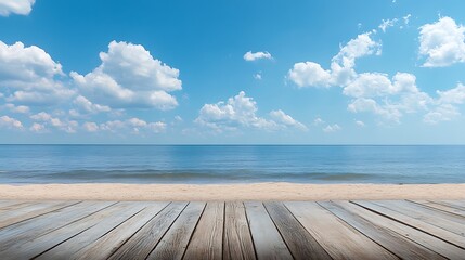 Fototapeta premium Wooden floor or plank on the sandy beach in summer