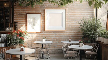 Fototapeta premium A charming outdoor cafe patio with round tables and metal chairs, framed artwork on the exterior brick wall, warm sunlight filtering through a canopy, plants and flowers adding color,