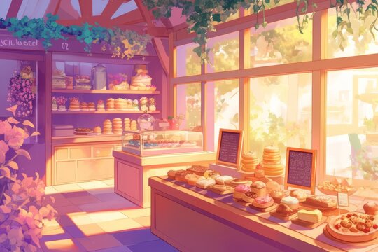 Pastel Bakery with Colorful Pastries on Display, Inviting Customers to Indulge in Sweet Treats, Cozy Vibe, Generative AI 