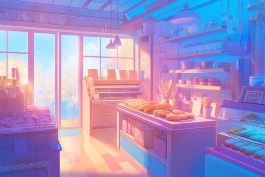 Pastel Bakery with Colorful Pastries on Display, Inviting Customers to Indulge in Sweet Treats, Cozy Vibe, Generative AI 