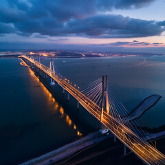Vasco da gama bridge illuminating the lisbon skyline at twilight