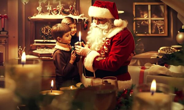 P&egrave;re No&euml;l priant un cierge entre les mains dans le salon de deux petits gar&ccedil;ons, devant la table du r&eacute;veillon de No&euml;l, moment de recueillement religieux et de f&ecirc;te chr&eacute;tienne