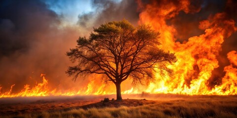 Solitary tree engulfed in flames during an intense wildfire scene, burning, disaster, destruction, fire, blaze, forest