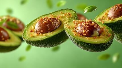 A close-up view of hovering avocado halves, showcasing their vibrant green color and creamy texture, with the seed delicately floating between them, against a pastel green background.