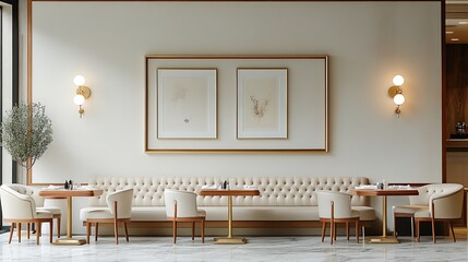 A chic restaurant interior with elegant furniture, framed artwork on the walls, soft ambient lighting, marble floors, and gold accents, creating a refined and luxurious dining atmosphere.