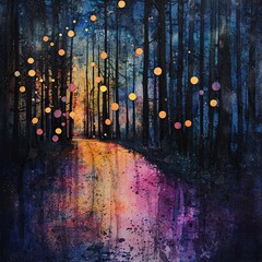 Obraz premium Watercolor painting of a forest path illuminated by colorful fireflies at night, on isolated white background