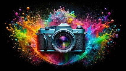 Acrylic camera with colorful dispersion effect on black background, render, acrylic,camera, colorful, dispersion