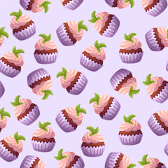 Seamless pattern with chocolate cupcake with pink cream. Vector illustration.