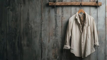 Naklejka premium Crumpled old shirt hanging in a damp closet, slight discoloration from moisture, musty fabric, neglect