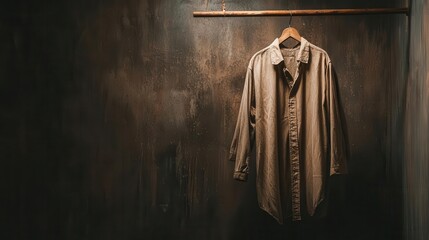 Naklejka premium Damp shirt hanging in a poorly ventilated closet, showing signs of mildew, musty fabric, neglect