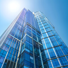 Obraz premium Modern office building exterior reflecting sunlight with blue sky