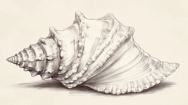 Artistic ink drawing of a seashell highlighting its fine details and organic form. Subtle shadows and clean lines