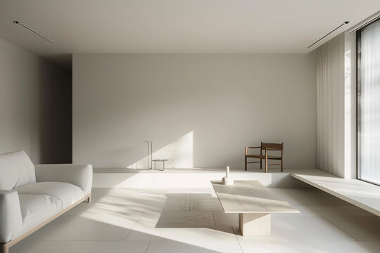 Minimalist Living Room with Smooth Side Lighting Showcasing Essential Furniture and a Clean, Uncluttered Design That Highlights the Beauty of Minimalism in a Serene Atmosphere
