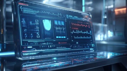 Electronic medical record system displayed on a futuristic, glowing interface, showcasing cutting-edge medical technology.