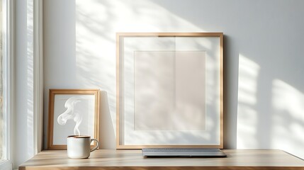A close-up view of a minimalist desk, featuring a framed picture leaning against the wall, a sleek laptop open beside a steaming cup of coffee, sunlight pouring in through a window, creating a warm,