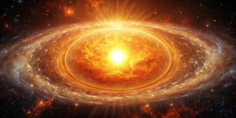 Obraz premium Bright orange sun shining in the center of a galaxy , space, stars, universe, astronomy, celestial, solar system, glowing, radiant