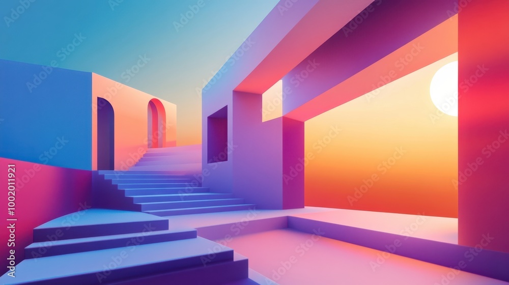 Fototapete Elegant abstract architecture with smooth gradients, blending modern geometry with vibrant colors.